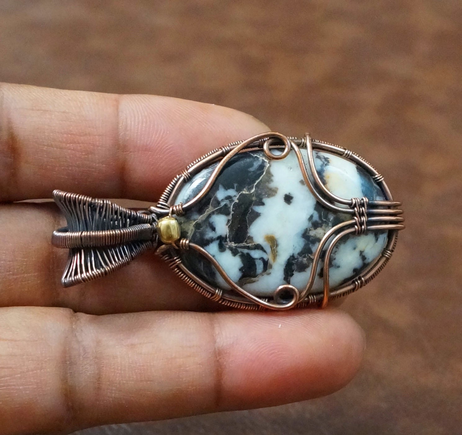 Buffalo Jasper Gems Copper Wire Wrapped Pendant Birthday Gift Jewelry (PD-80