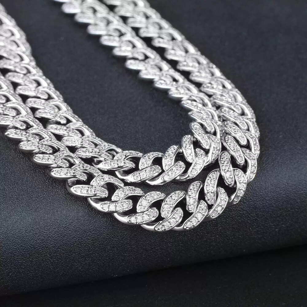 13mm White Gold Plate Stainless Steel Miami Cuban Link Chain CZ NecklaceBracelet