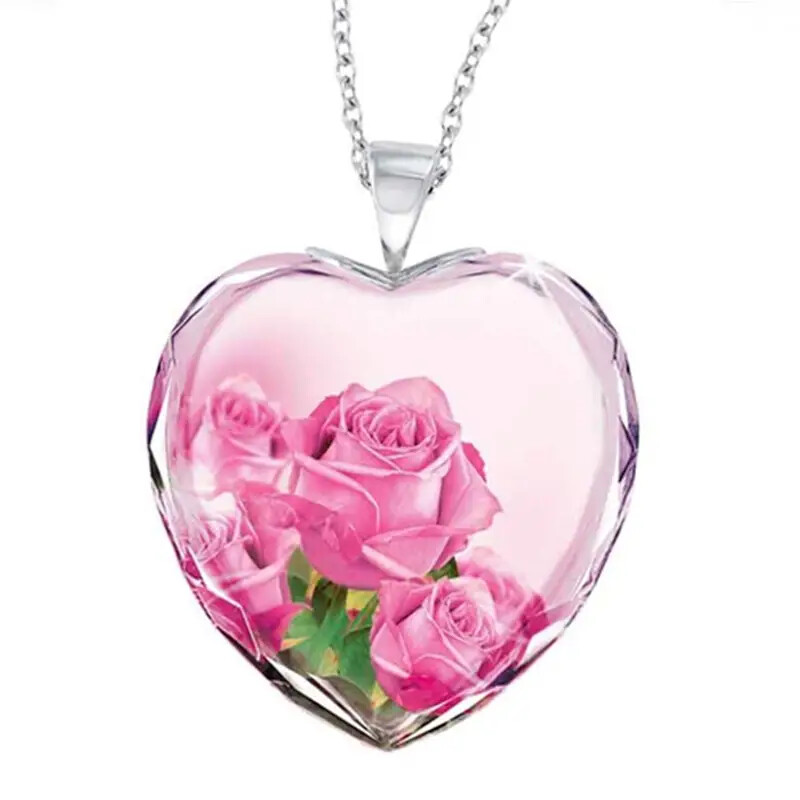Beautiful Heart Rose Pendant Necklace – Pink