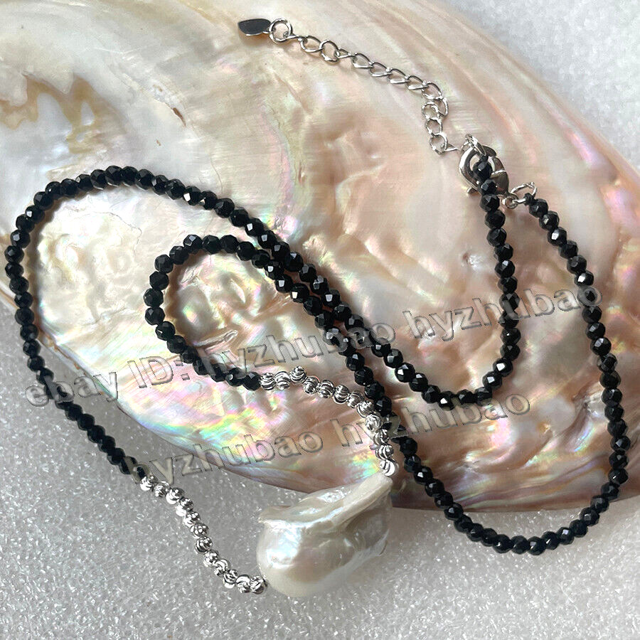 3mm Faceted Black Spinel & 25mm White Baroque Keshi Pearl Pendant Necklace 18″