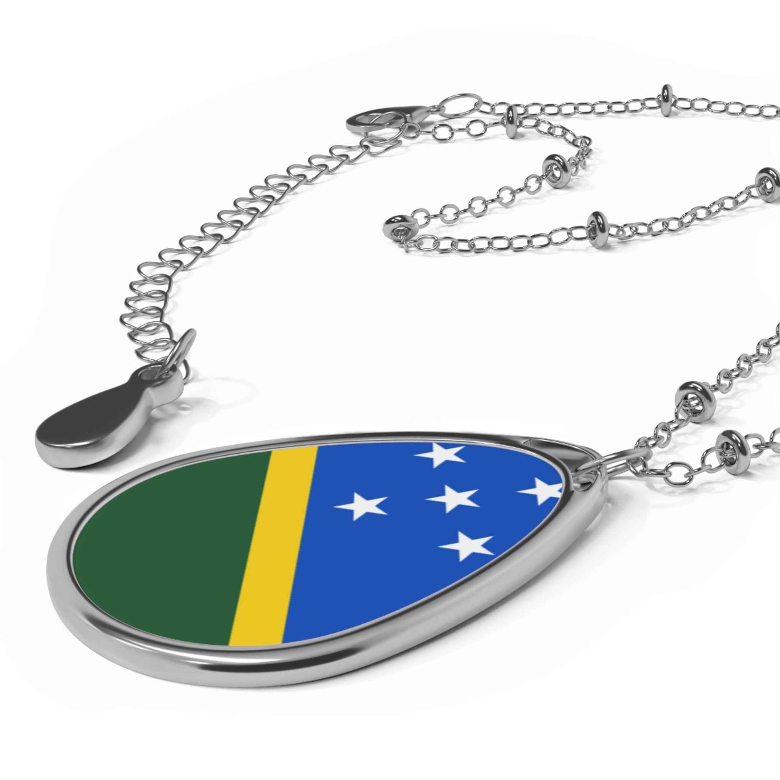 Solomon Islands Flag Necklace – Oval Heritage Pendant – One Size / Silver