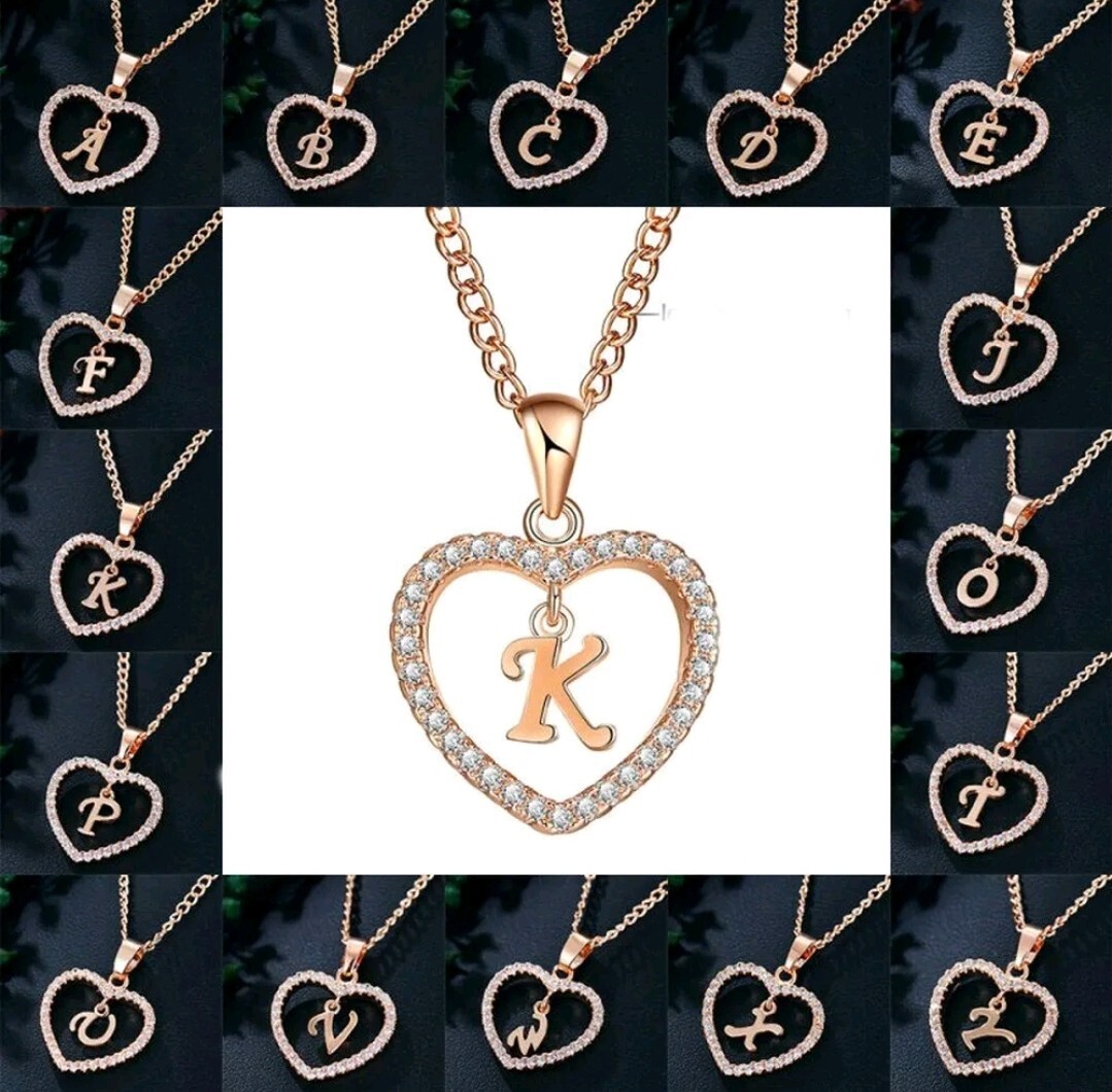 Letter Heart Necklace – Rose Gold Pendant Crystal Rhinestone Inital Charm Bling