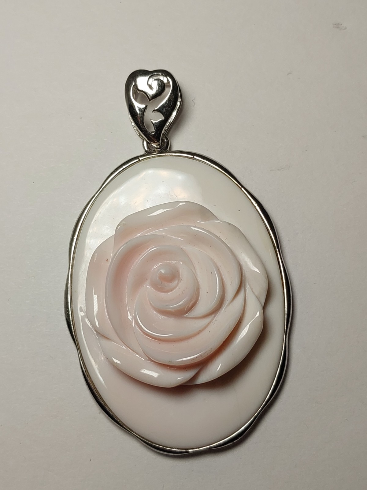 Pink Conch Shell Rhodium Over Sterling Silver 925 Fancy Rose Pendant Large