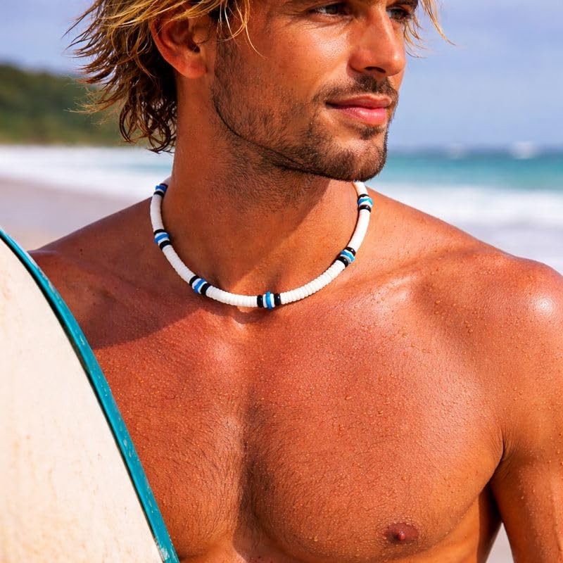 Adult Unisex Puka Shell Necklace White Clam Heishi Hawaiian Surfer Beach Neck…
