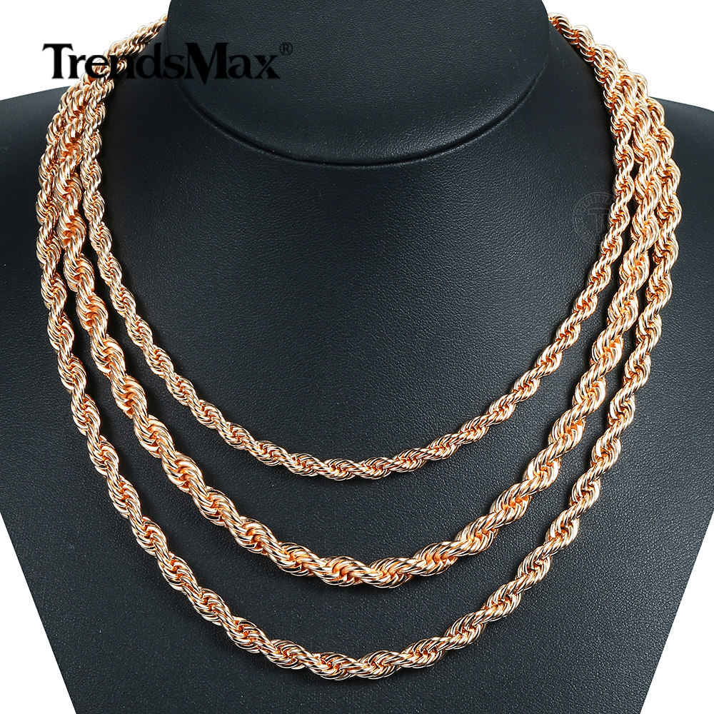 5/6mm 585 Rose Gold Plated Twisted Rope Chain Necklace 20″/24″ for Women Girls