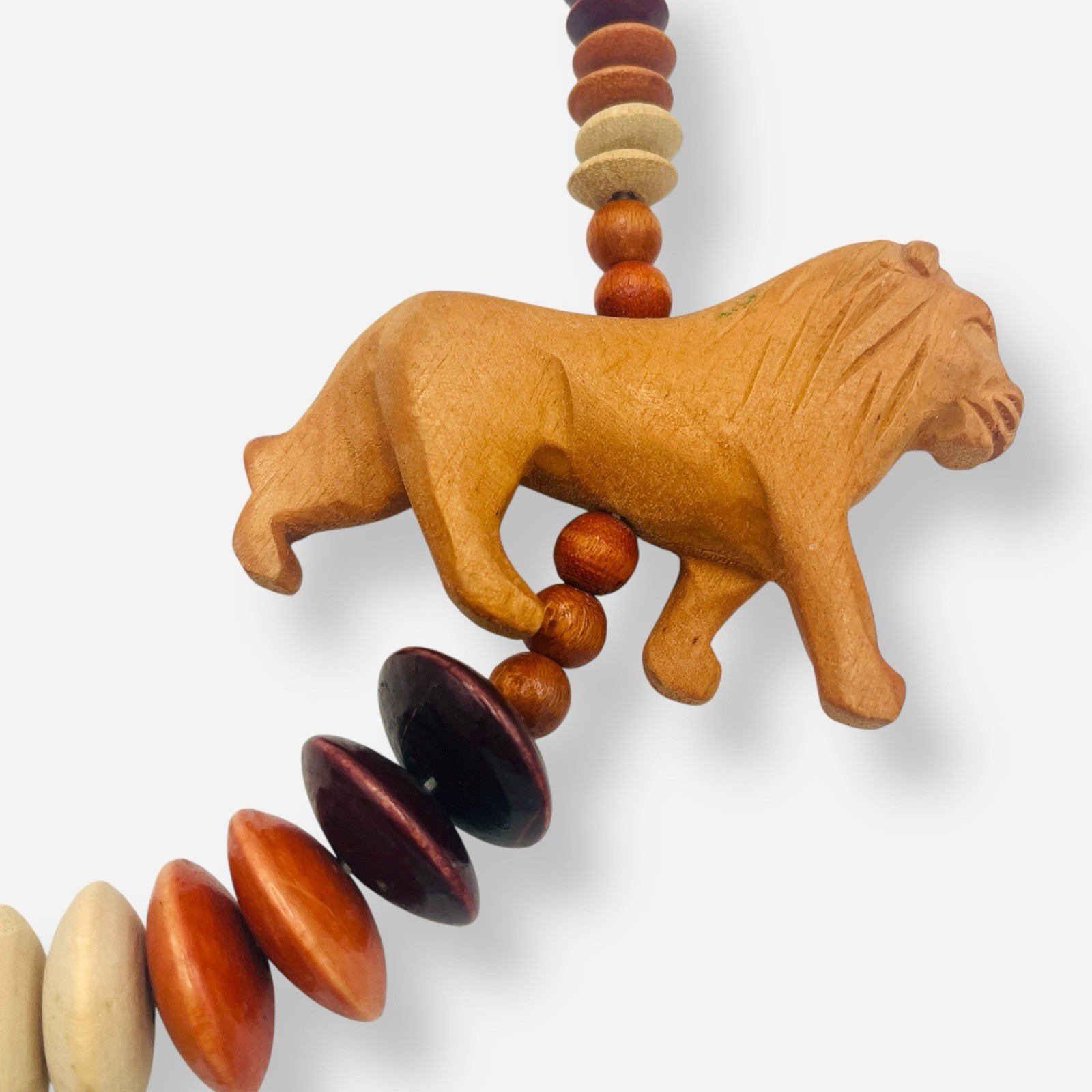 Large Wood Safari Statement Necklace Lion Carved 27” Beaded Graduated