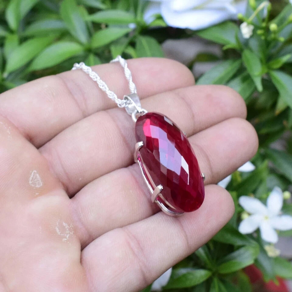 42 Ct Natural Red Ruby Pendant 925 Sterling Silver Cabochone Gemstone Jewelry