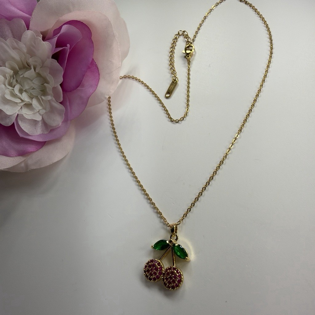 Gold Tone Stainless Steel Cable Necklace Cherry Charm Pendant Pink Crystals