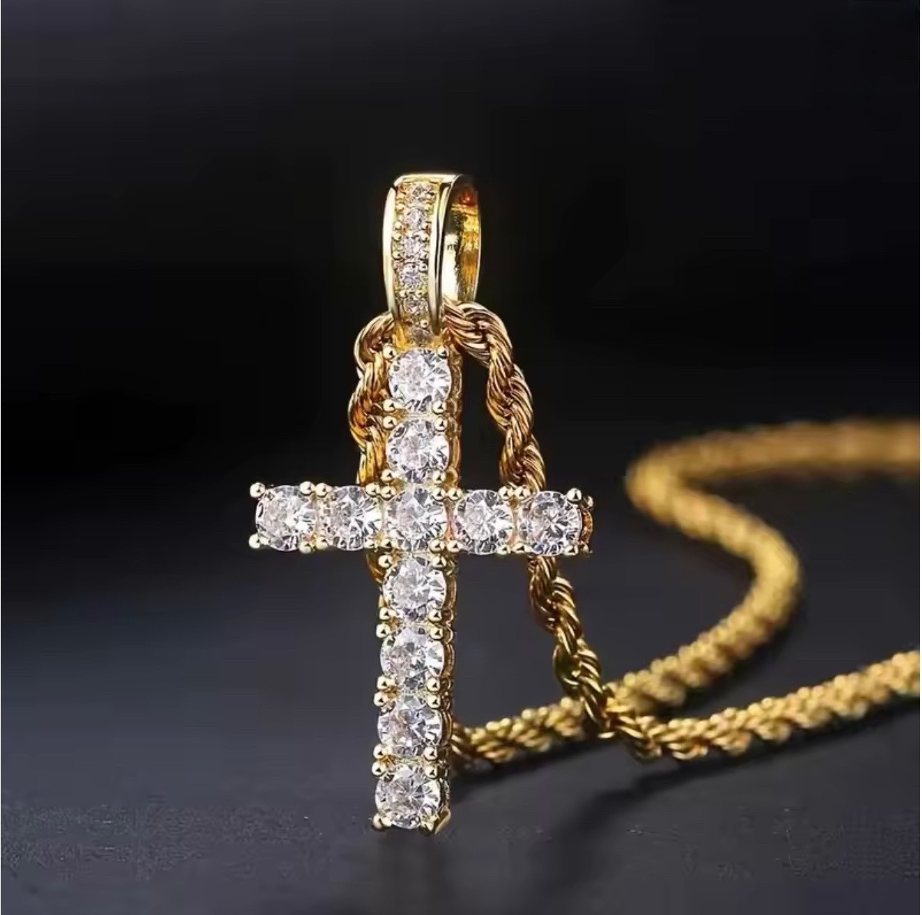Gold filled 60Cm Twisted Necklace Cross Pendant made with Swarovski Crystals
