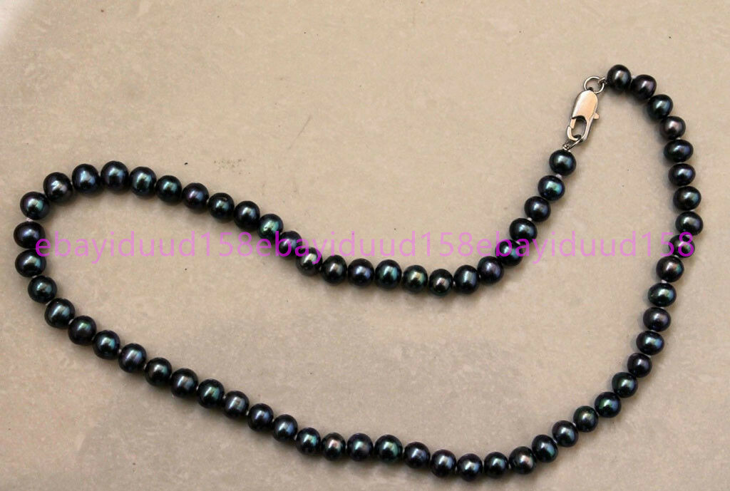 Natural 6-7mm Peacock Black Real Freshwater Cultured Pearl Necklace 18” Yu207