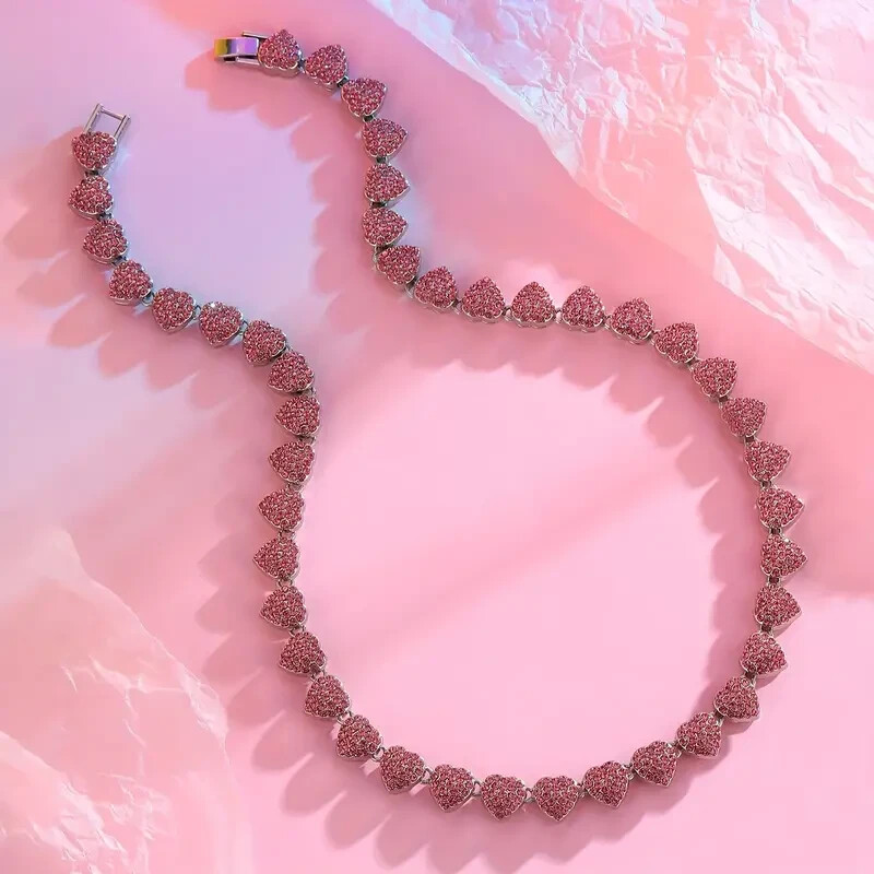 Women Necklace & Bracelet Iced Heart Chain Bling Pink Cubic Zirconia Silver Tone