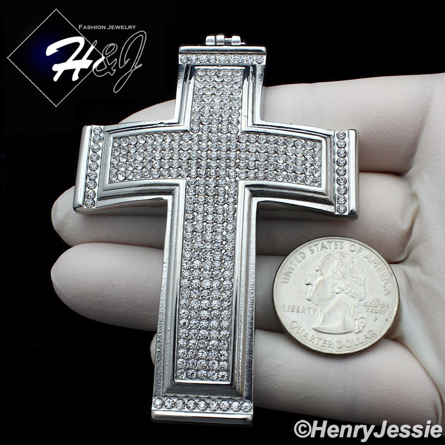 18″-40″MEN Stainless Steel 9mm Silver Cuban Curb Chain BIG CZ Cross Pendant*IP20