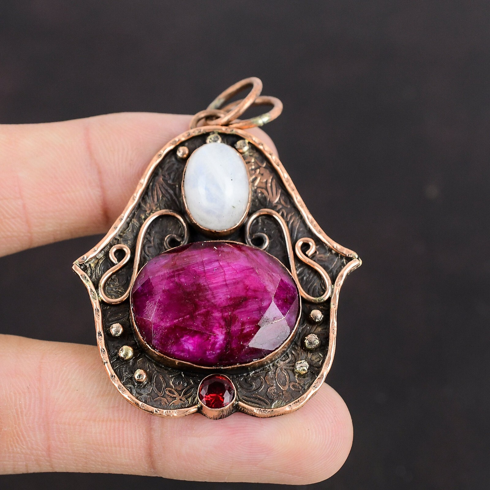 Mothers day Deal Copper Kashmir Rubi Gemstone Rainbow Moonstone Pendant Jewelry