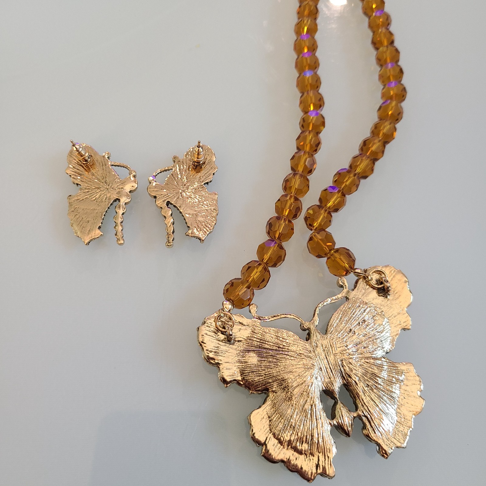 MAGNIFICENT HUGE 2 3/4 ” BUTTERFLY NECKLACE AND EARRINGS SET FACETED CRYSTALS