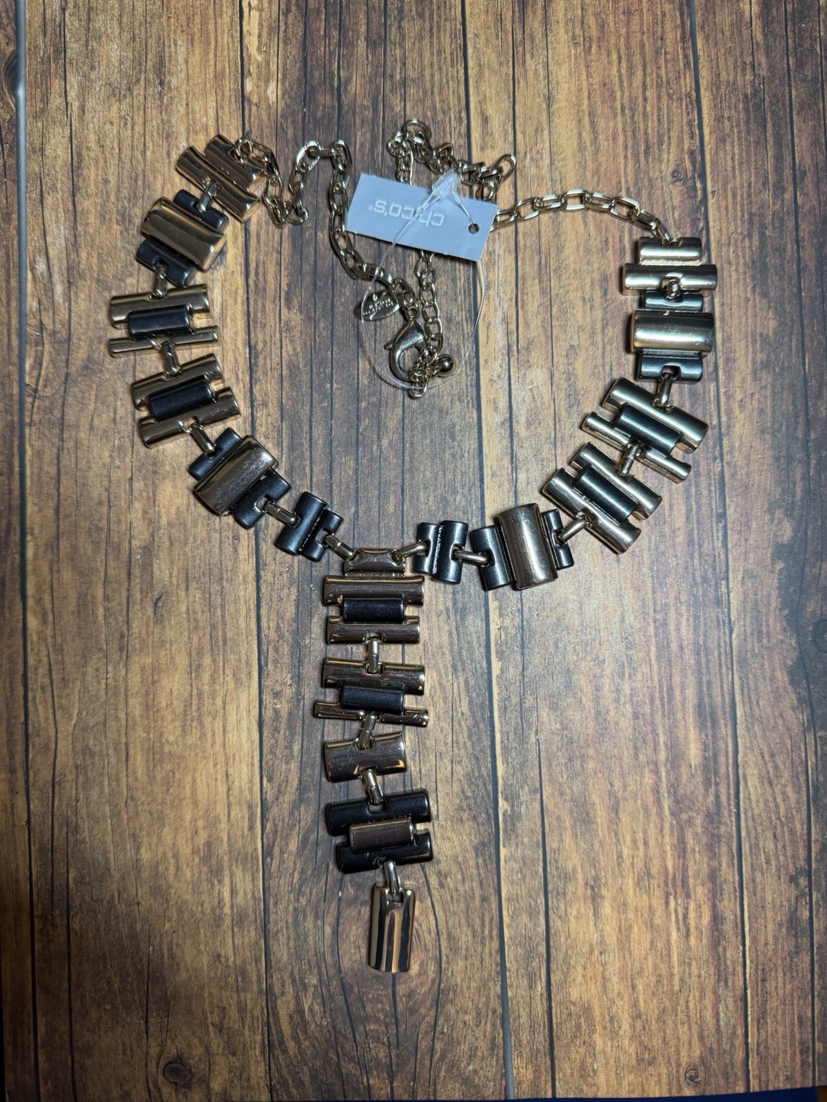 Chico’s Black Grey Gold Geometric Bold Dramatic Chunky Statement Necklace New