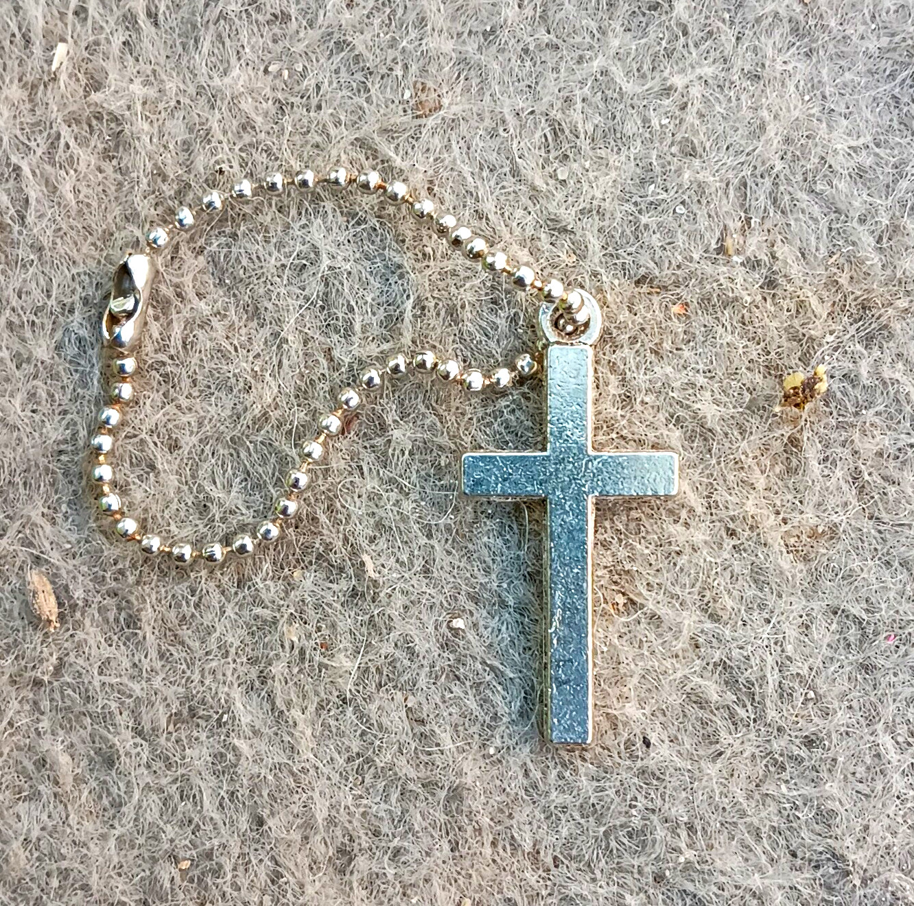 Silver Tone Ball/Bead Chain Necklace w/ Cross Charm Pendant, Lobster Clasp