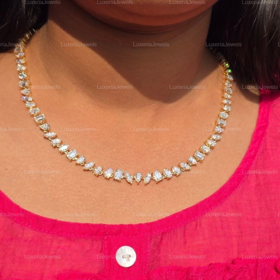 32TCW Mix Shape Moissanite Necklace, Statement Necklace, Bridal Necklace, Gift