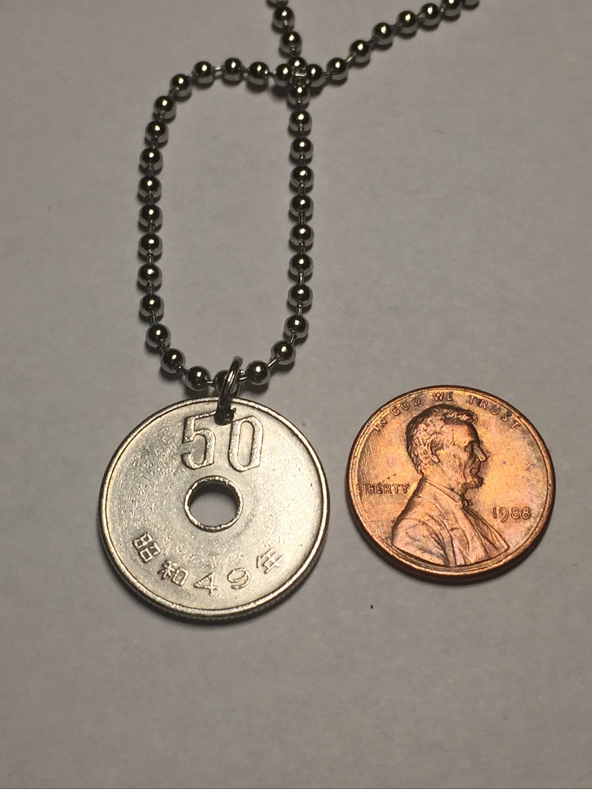 Japan 50 Yen COIN PENDANT Japanese Chrysanthemum flower Tokyo. Date Varies