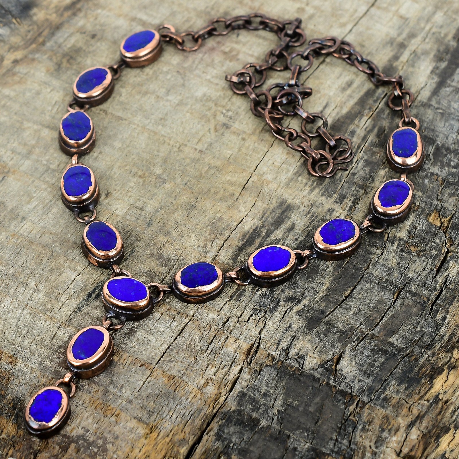 Womens day Sale Copper Lapis Lazuli Stone Trendy Electroformed Chain Necklace