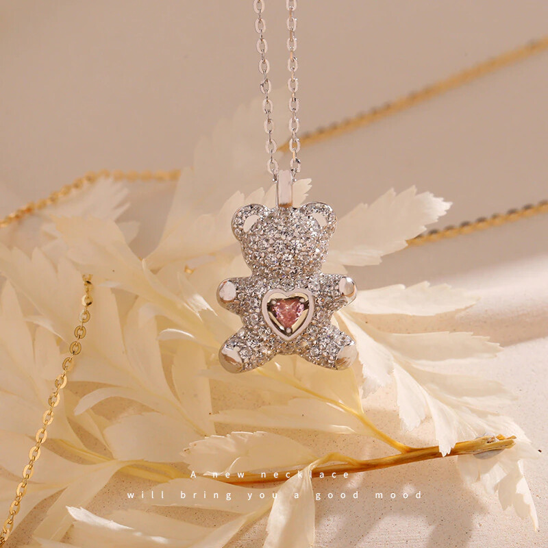 Women’s Fashion Gold Or Silver Teddy Bear Pink Heart Cubic Zircon Necklace 1-264