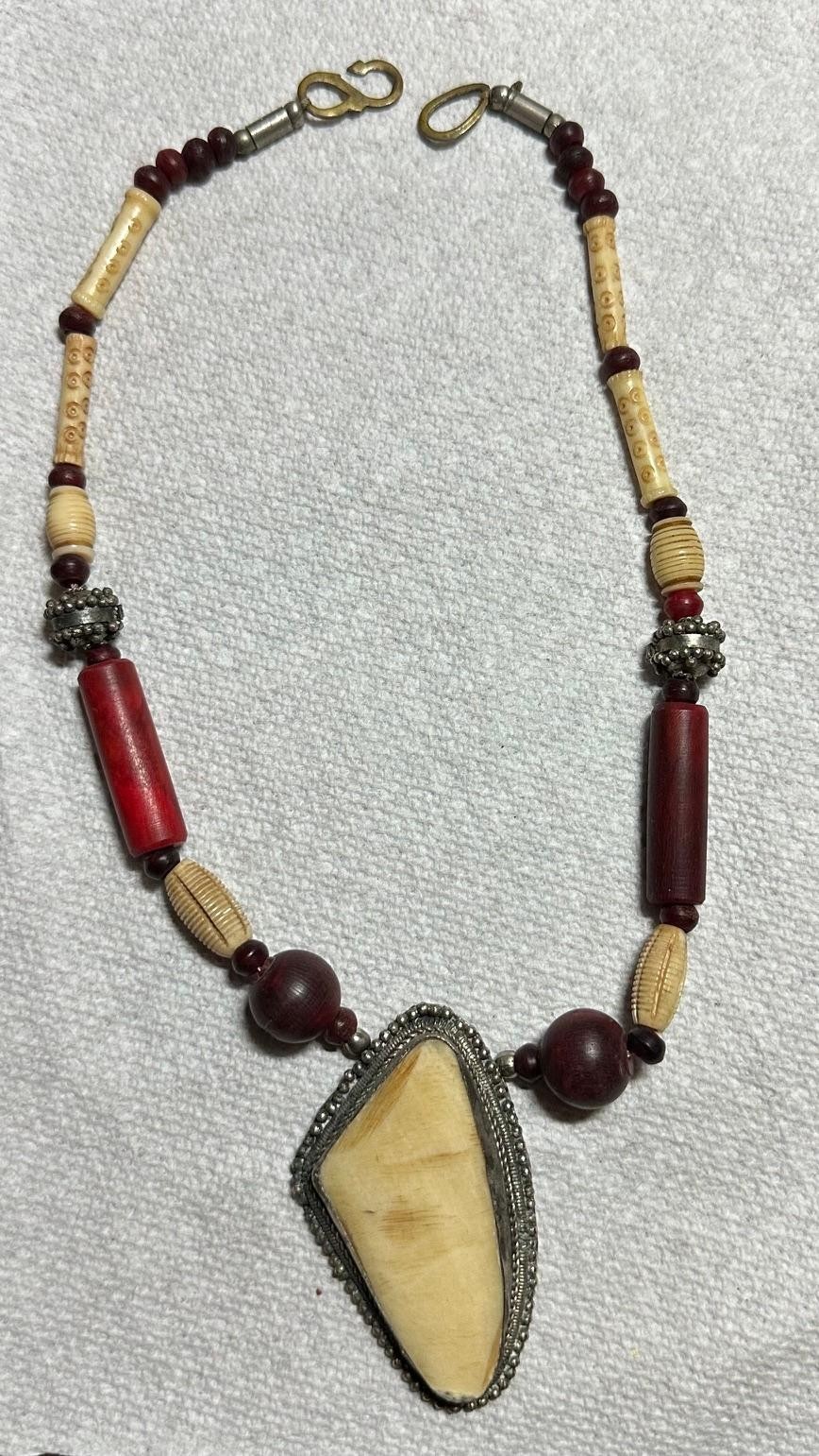 Vintage Statement Tibetan Pendant Necklace With Red Beads #E35