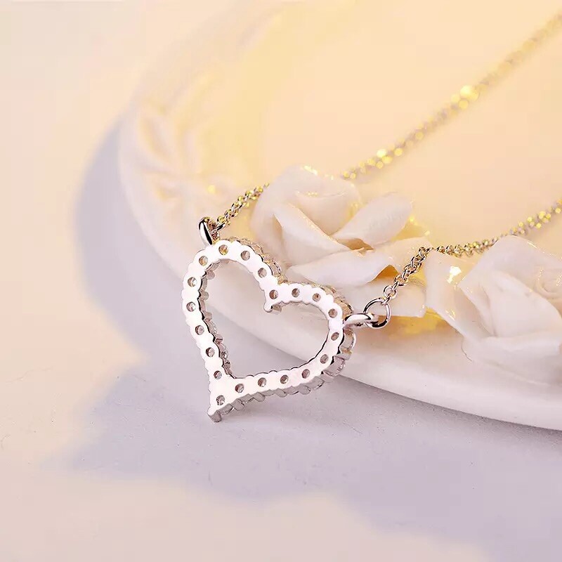 925 Sterling Silver Plated Open Heart Pendant Necklace Cubic CZ Love 17″ N38