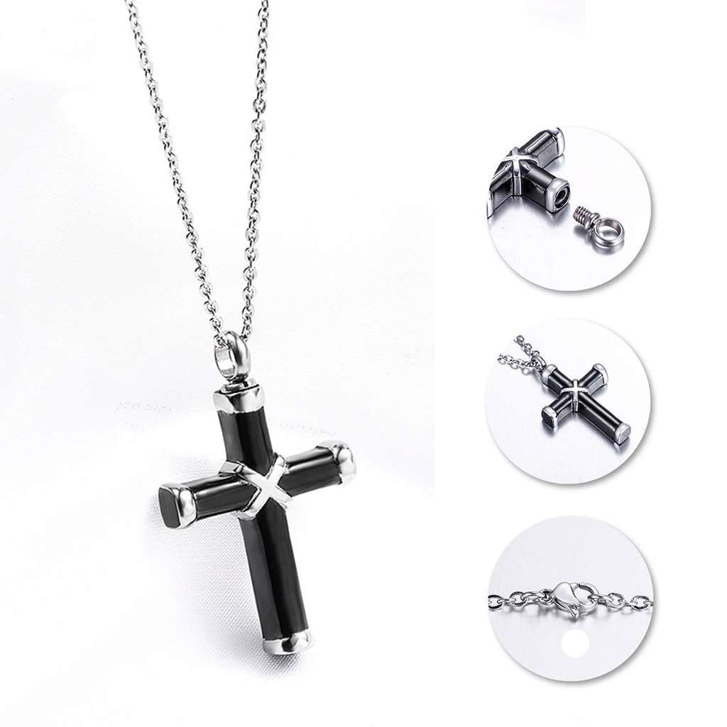 Stainless Steel Adult Unisex Figaro Chain Necklace Cross Pendant Memorial Gift