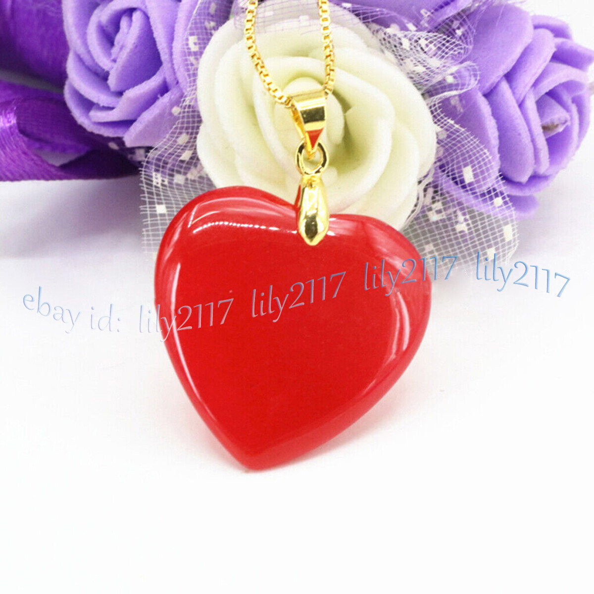 25mm Natural Red Jade Heart Gemstone Pendant Necklace Gold Plated Chain 17″