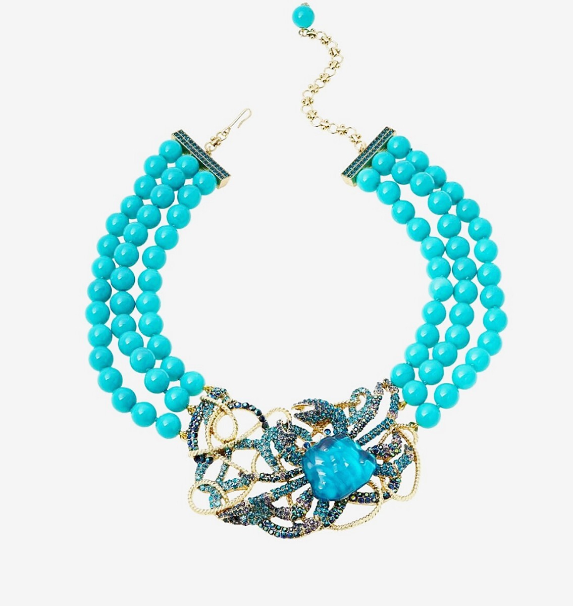 H.D CRABBY Crystal Triple Strand Beaded Necklace Blue CRAB Coastal