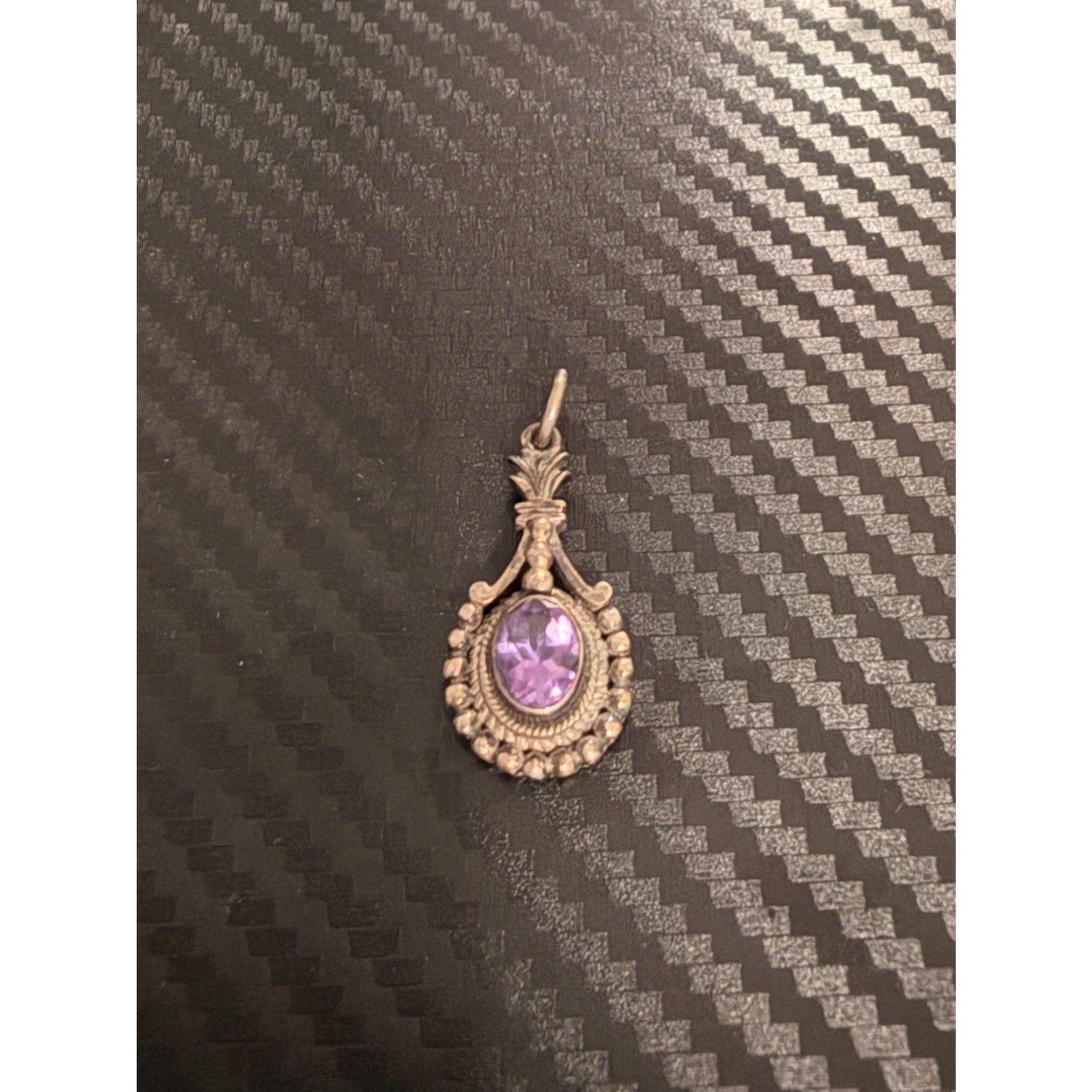 Vintage Sterling Silver with Amethyst Oval Beaded Drop Pendant 3.88g