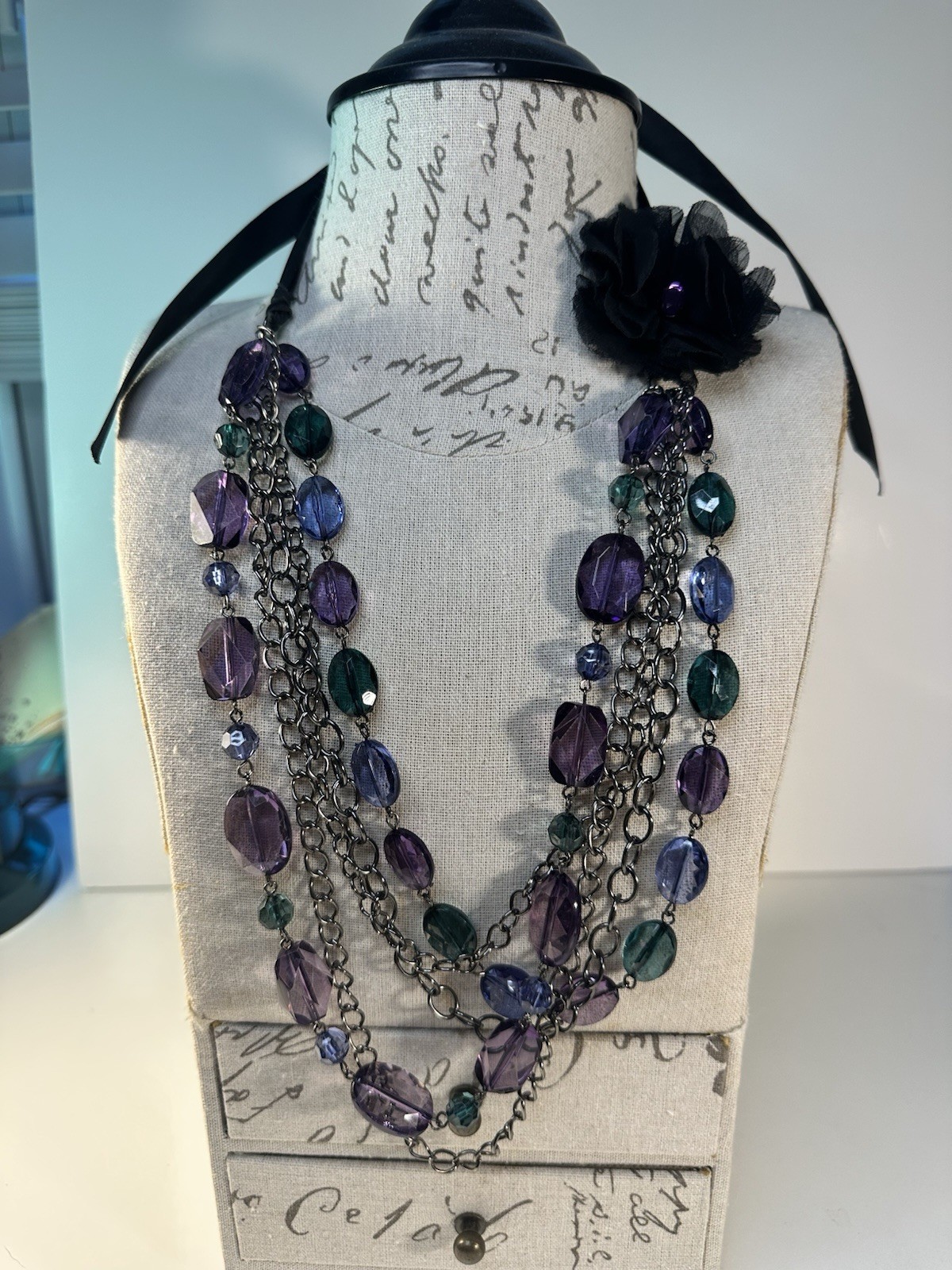 Elegant Multi-Strand Faceted Purple & Teal Beaded Necklace Statement Jewelry