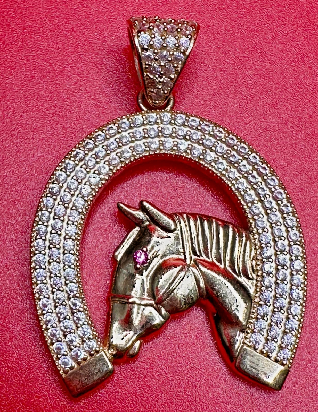 14K Yellow Gold Horseshoe Horse Head Pendant Cubic Zirconia/Ruby