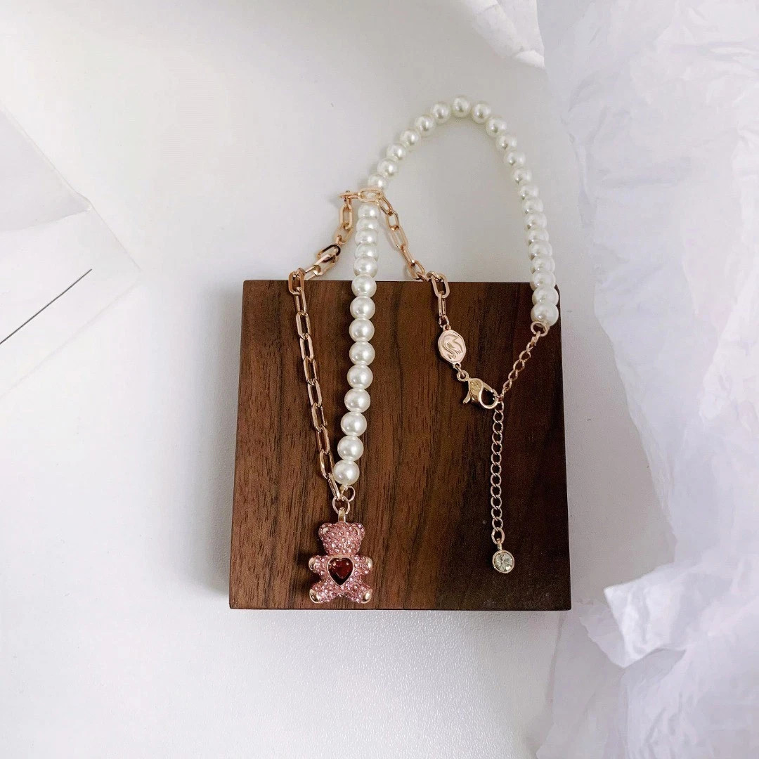 Swarovski Pearl Teddy Bear Necklace Beating Heart Gold Tone Women Gift