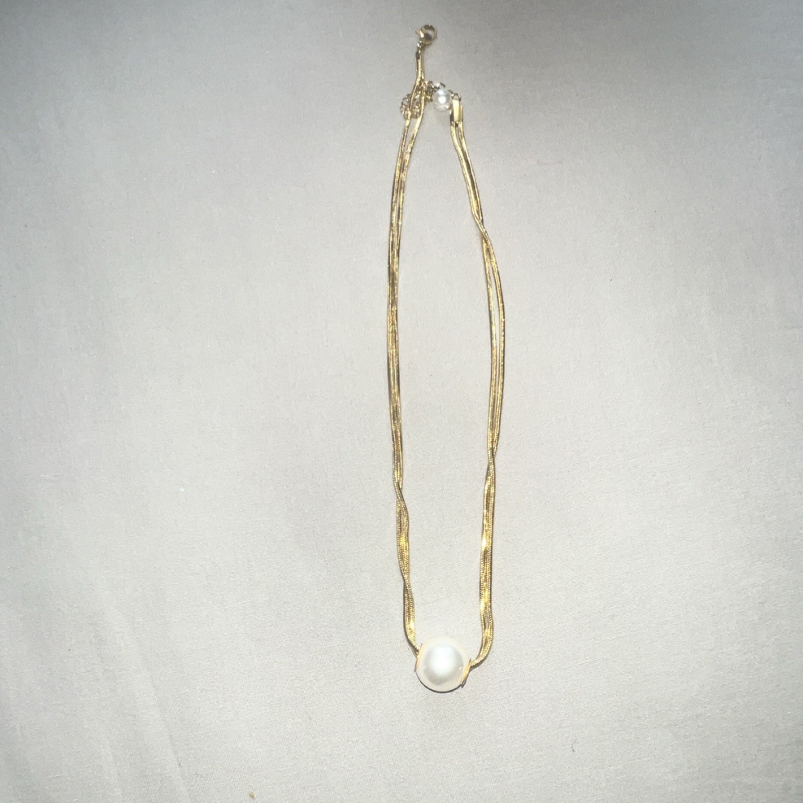 Gold Tone Snake Chain Necklace, White Round Pearl Bezel Pendant Charm, Lobster