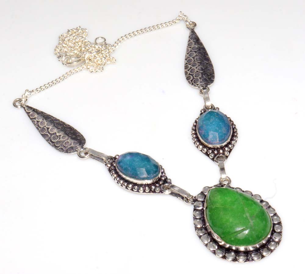 Pretty Simulated Emerald 925 Silver Plated Necklace 17″ Boho Festival Jewelry MJ