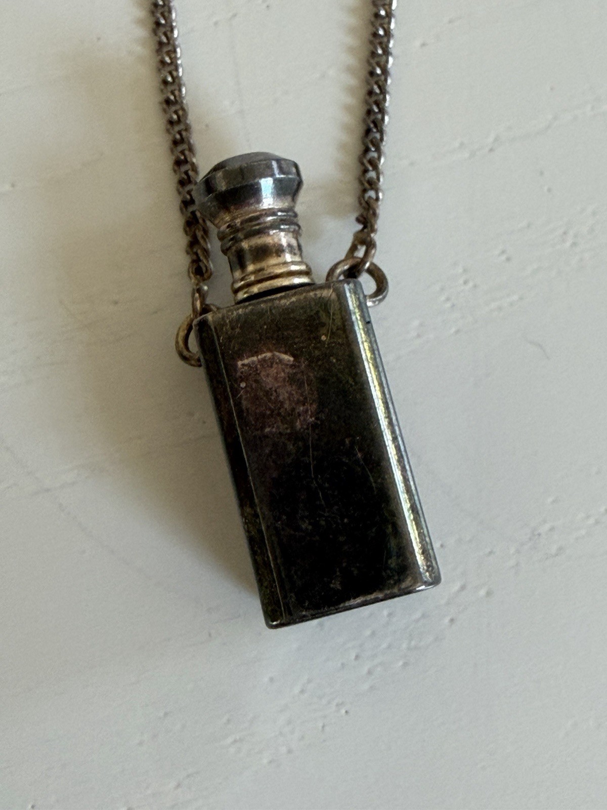Vintage Mini Square Perfume Bottle Pendant with Dauber Silver Chain