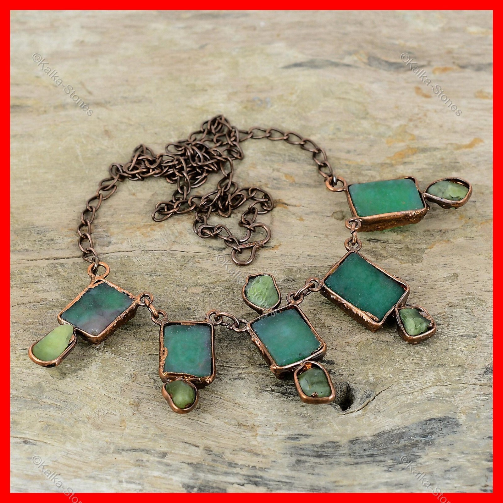 Green Druzy Gemstone Aquamarine Rough Copper Chain Bezel Electroformed Necklace