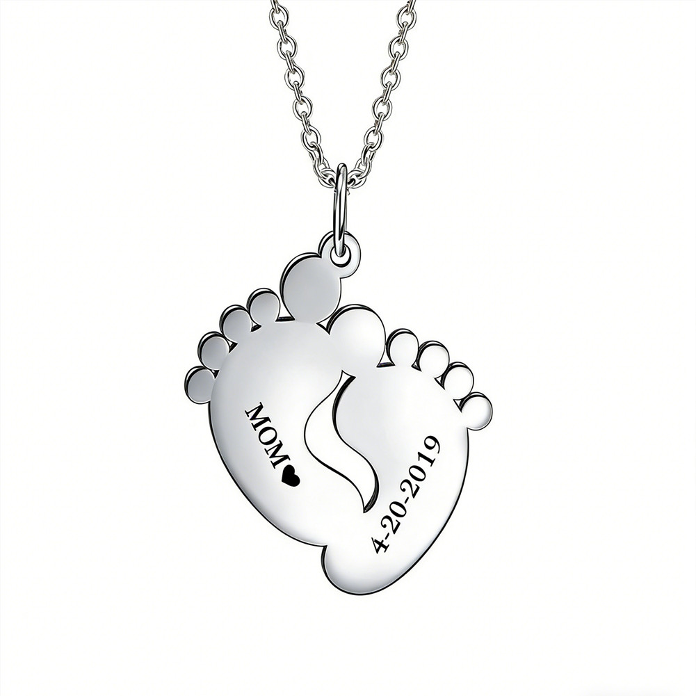 Custom Engraved Baby Feet Nameplate Necklace Charm Jewelry Mother Gift