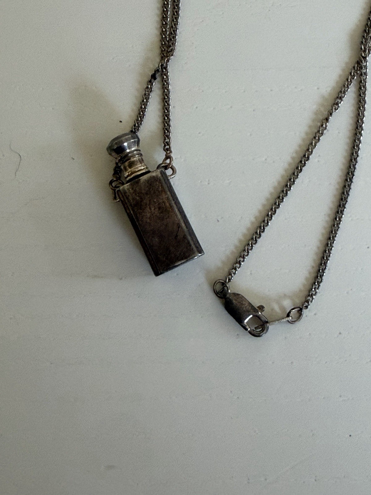Vintage Mini Square Perfume Bottle Pendant with Dauber Silver Chain