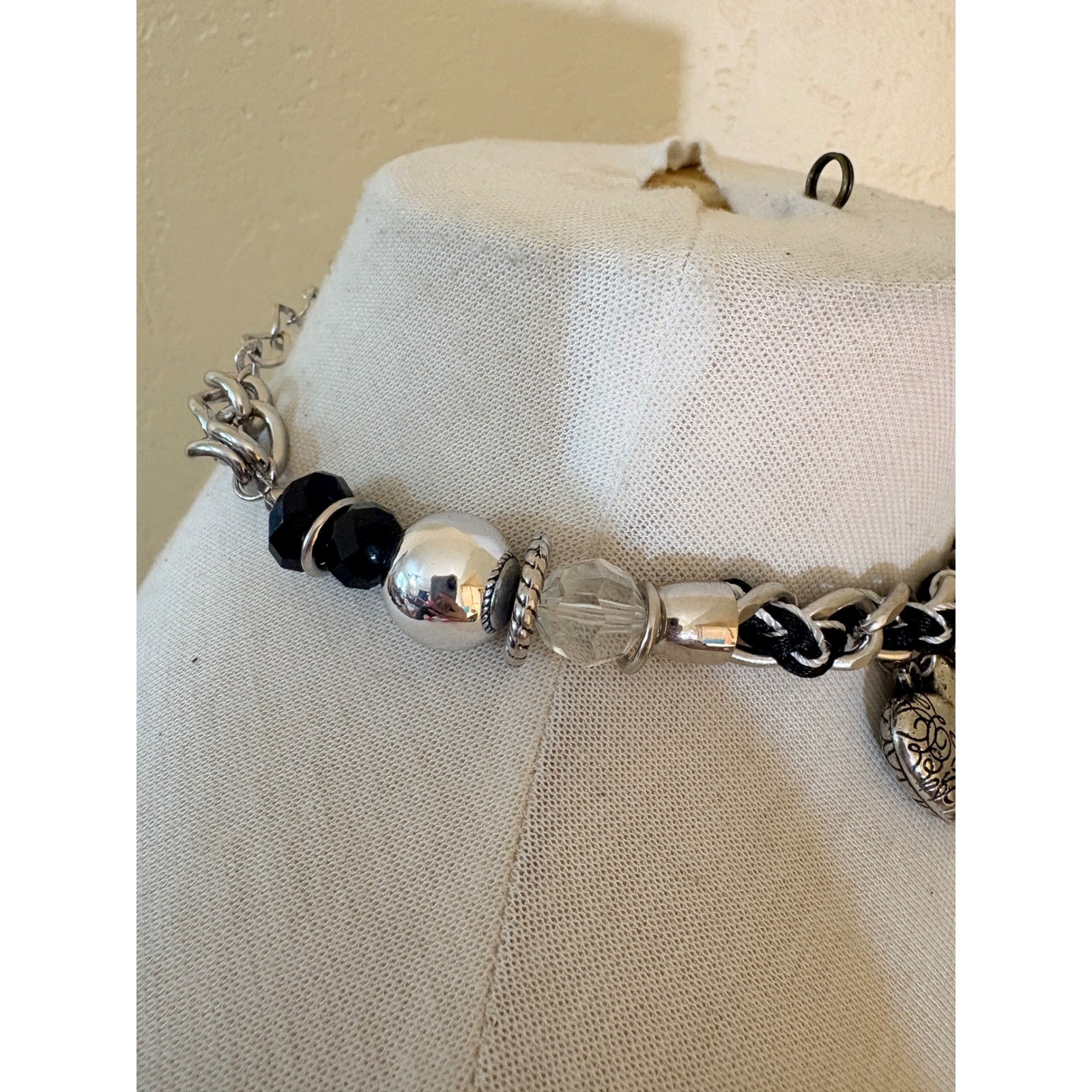 Chunky Silver Black Woven Chain Charm Choker Necklace Heart Flower Y2K Grunge