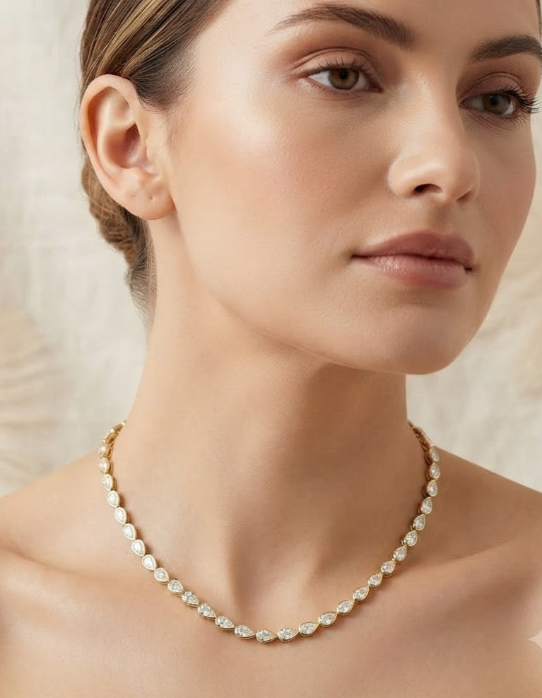Natural Moissanite Pear Gold Tone Bezel Set Women Necklace 925 Sterling Silver
