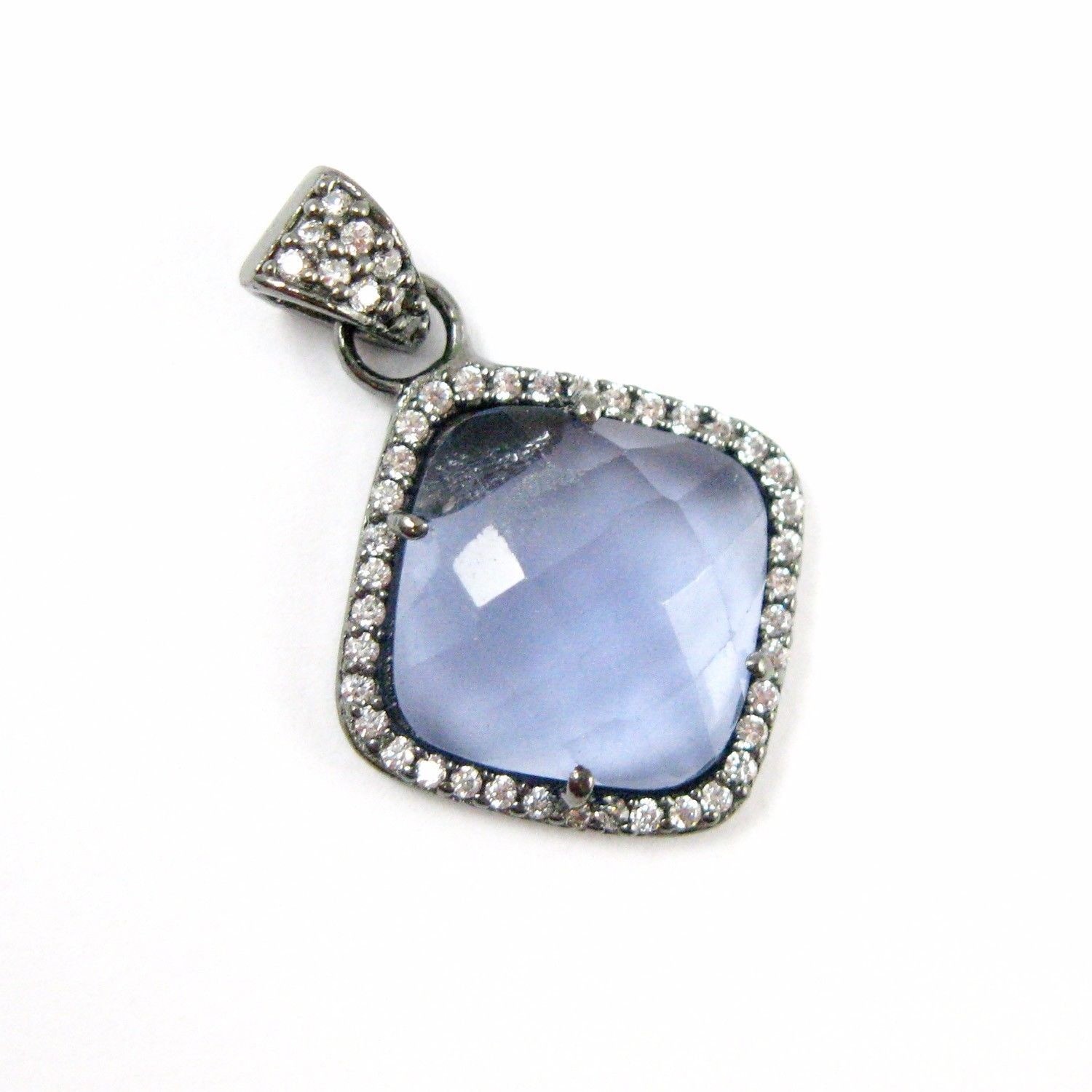 Oxidized Silver Iolite Quartz Bezel Gem Pendant,Cubic Zirconia Pave 17mm