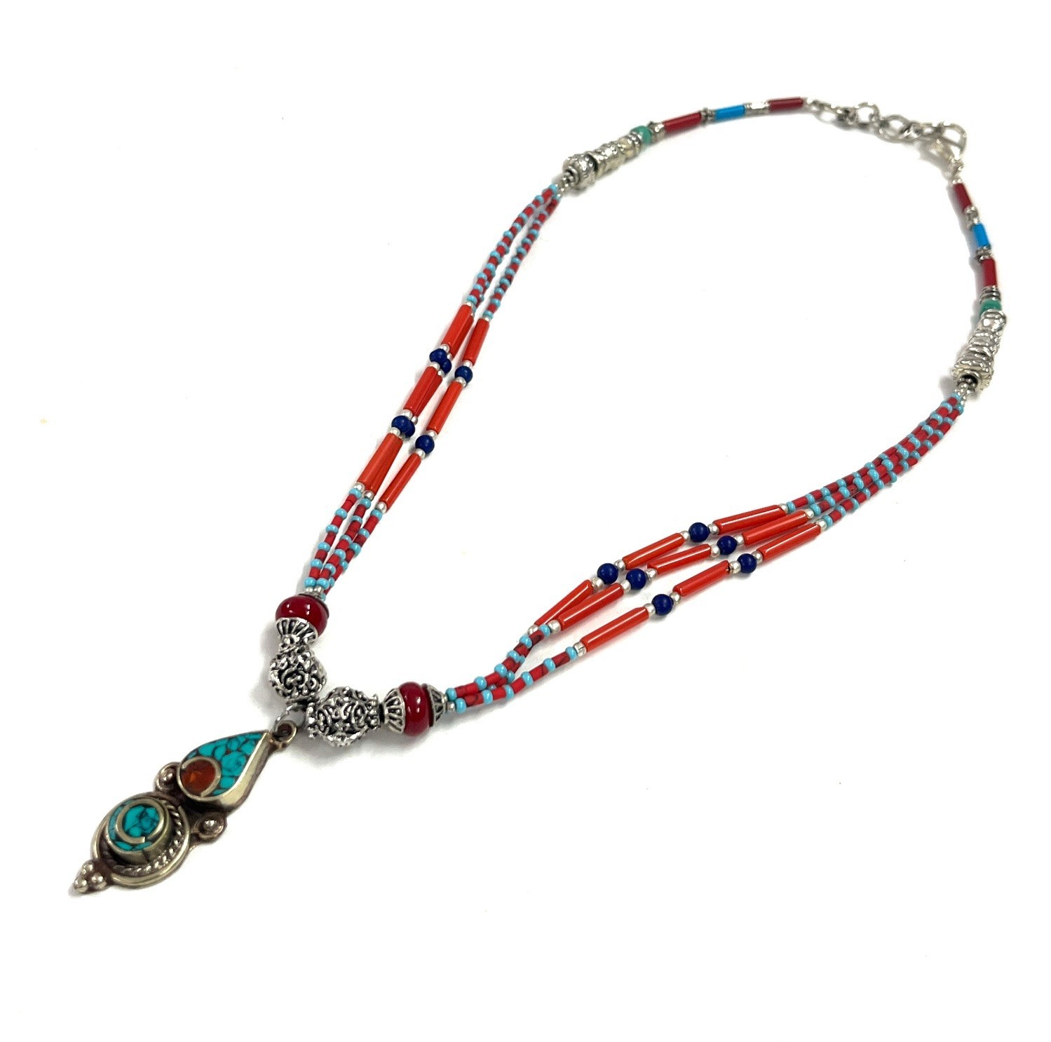 Art Deco Red Coral Turquoise Gemstone Tibetan Necklace Jewelry, 16 inch Adjust