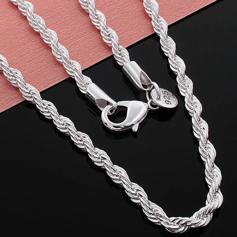 4mm Solid Silver Italian Rope Chain Necklace Diamond Cut Style
