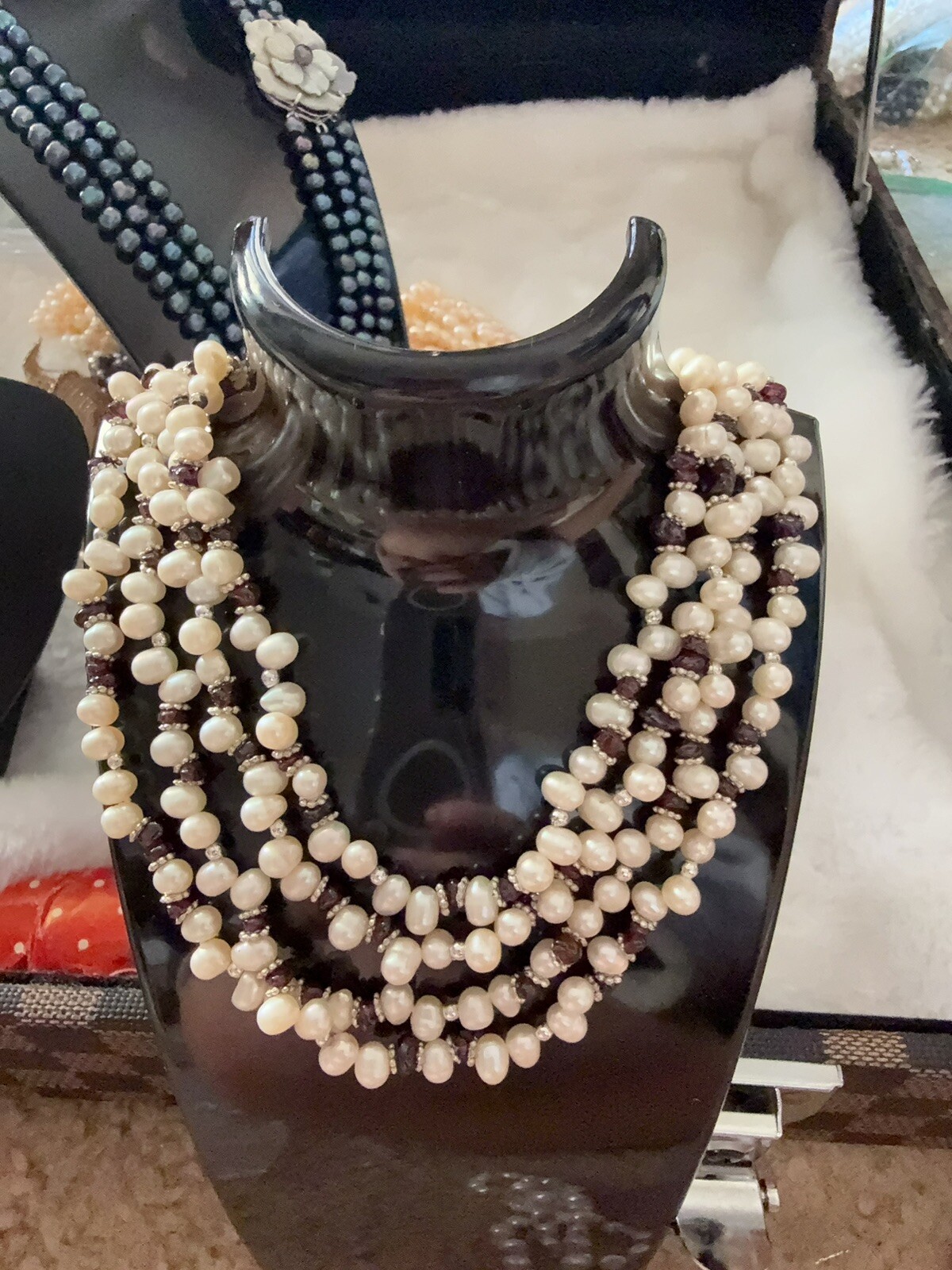 Cultured Pearl Necklace W. Real 925 Silver Clasp 3 Strands.