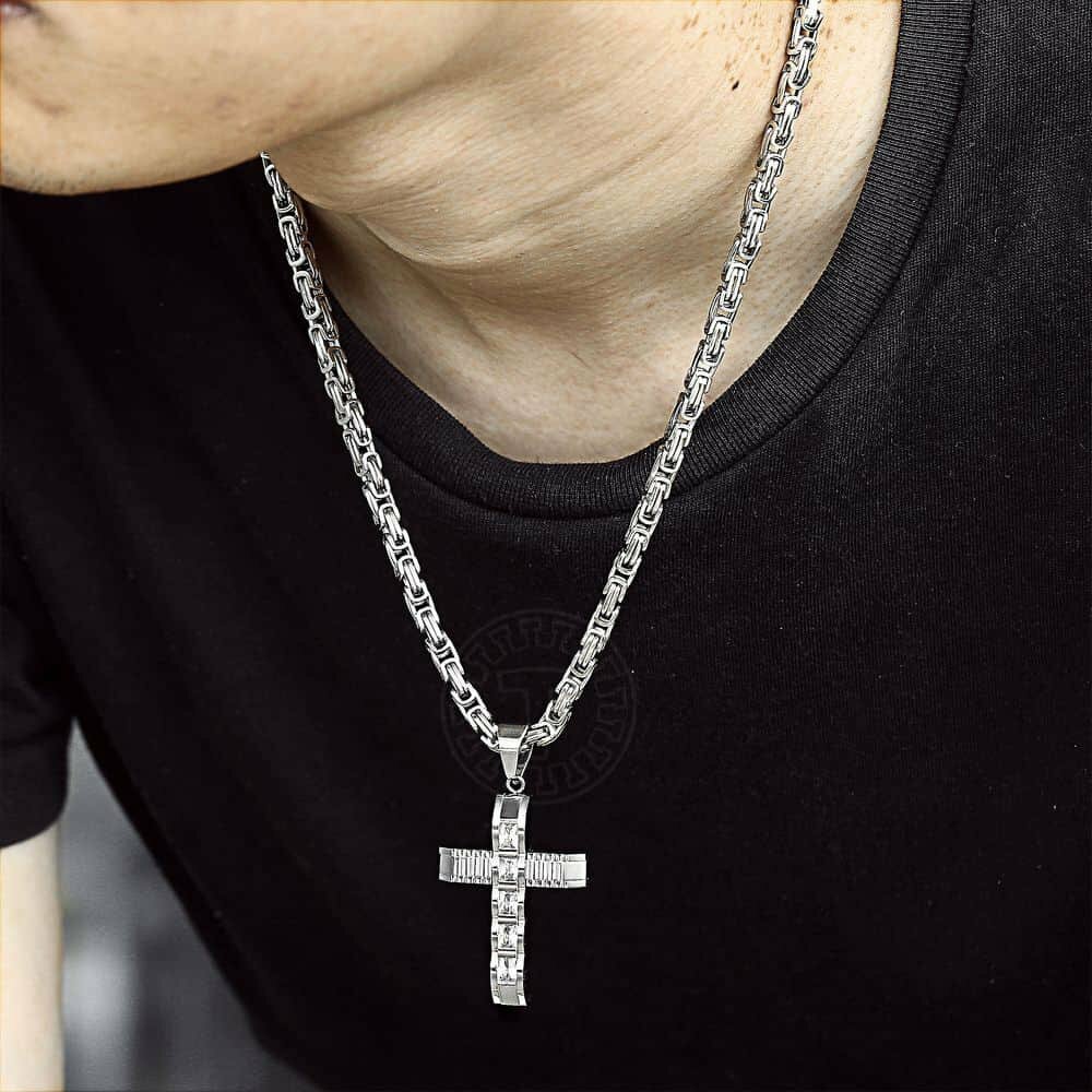Cubic Zirconia CZ Cross Necklace Pendant Stainless Steel Byzantine Box Chain Men