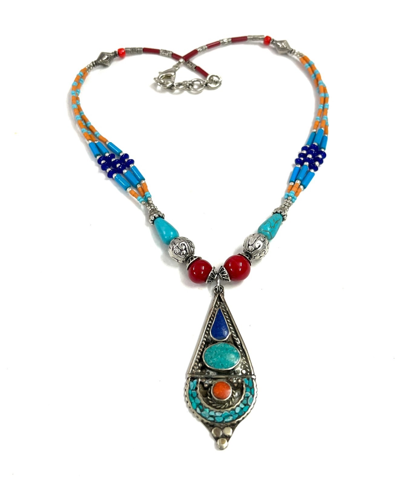 Nepalese Turquoise Coral Gemstone Tibetan Necklace Jewelry, 16 inch Adjus