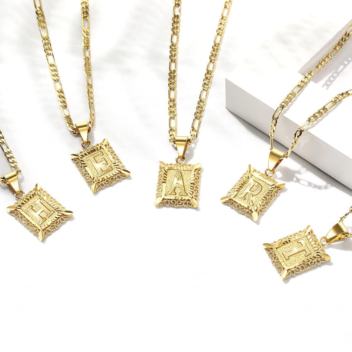 KissYan Initial Letter Pendant Necklace 14K Gold Plated Figaro Chain