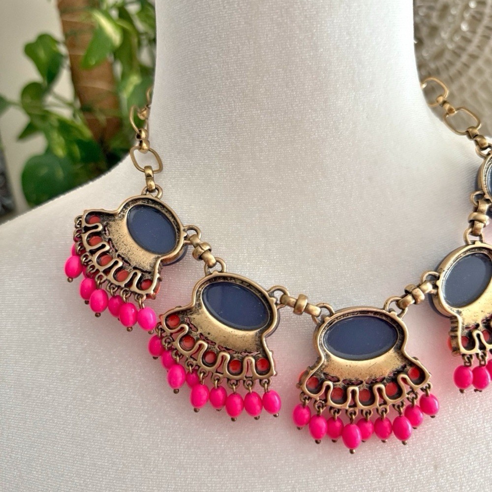 J.Crew Fan Fringe Statement Necklace Navy Blue Coral Pink Beaded Bib Chunky