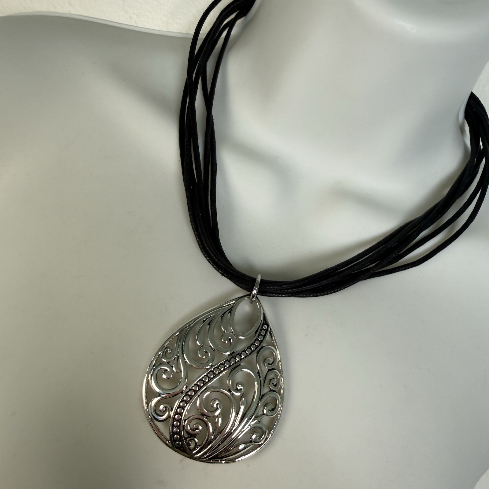 Scroll By Dillards Silver Tone Pendant Necklace Multi Strand Faux Leather NWT